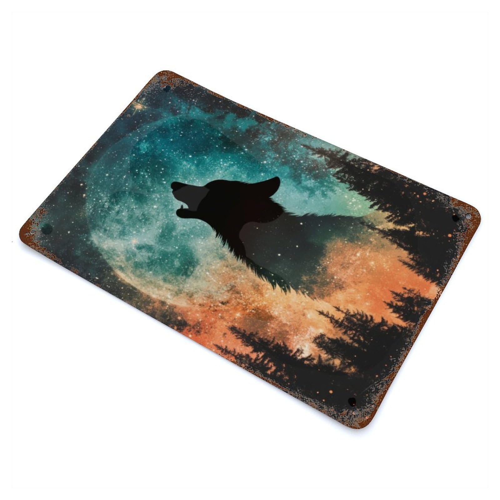 Wolf Howling at The Moon Aged Metal Wall Plaque 11.8"x7.9", Ideal for Garage, Bar And Workshop Decor