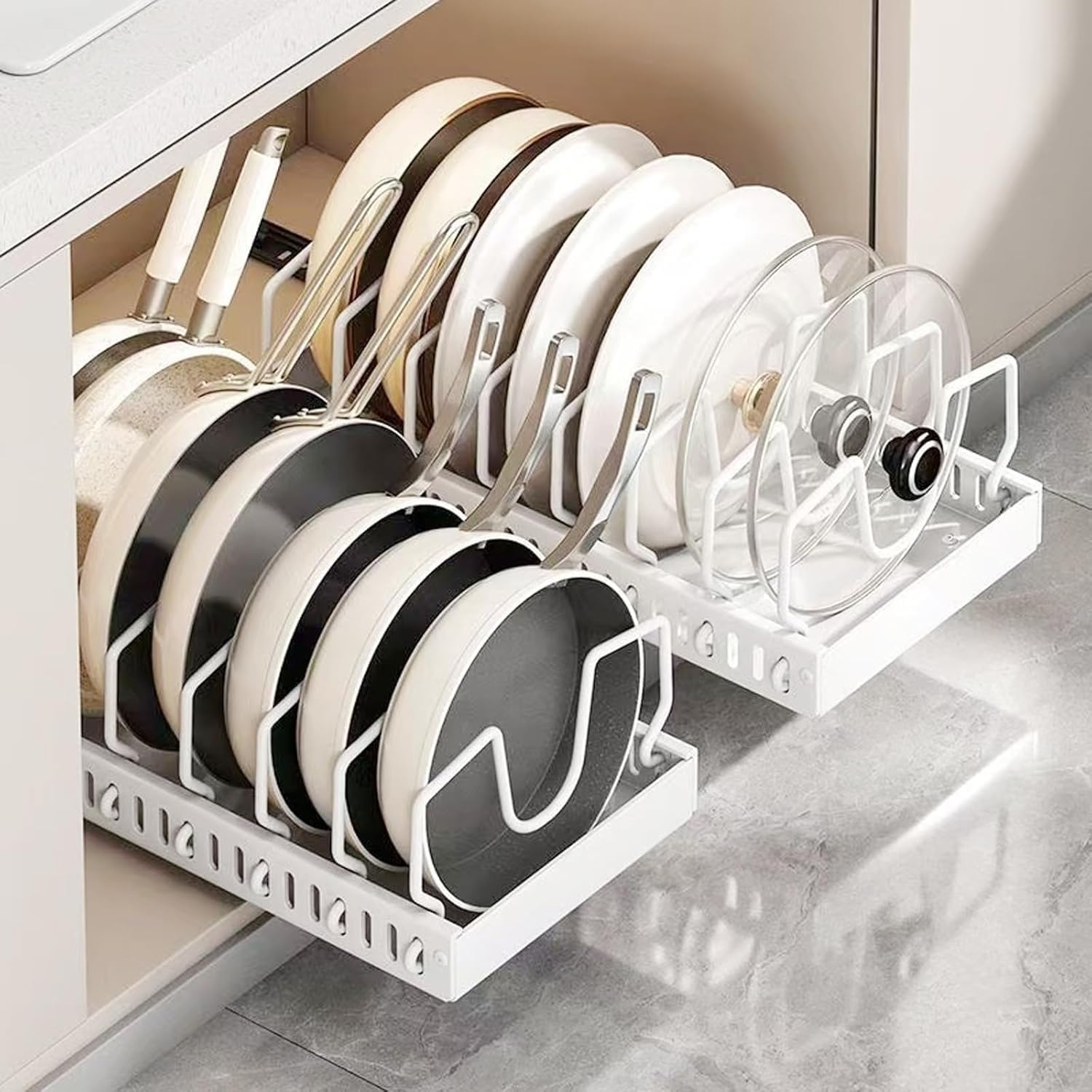 Photo 1 of 2 Pack Pull Out Pots and Pans Organizer for Cabinet & Countertop, Kitchen Cabinet Organizer with 8 Adjustable Dividers, Storage for Pot Lid, Dishes, Bakeware, White