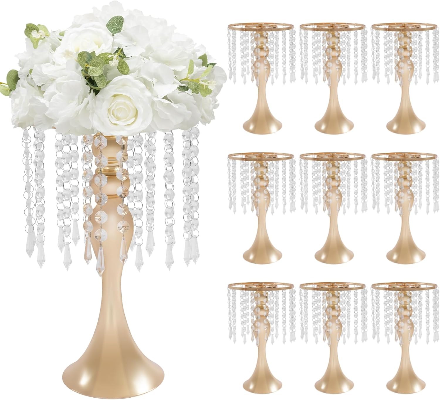 10 Pcs Crystal Flower Stand Wedding Centerpieces for Tables, 13.8in/35cm Height Flower Arrangement Holders Metal Flower Vase for Wedding Party Event Reception Dining Room Living Room Decor (Gold)