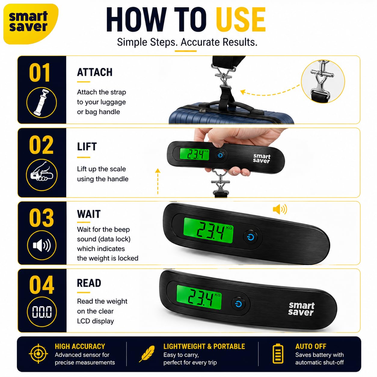 Smart Saver Weight Machine for Luggage - 50 kg capacity, Black Steel body, 1 Year replacement - Digital Portable Electronic Luggage Weighing Scale for home, travel, flights, bags (Upto 50 kg) 1