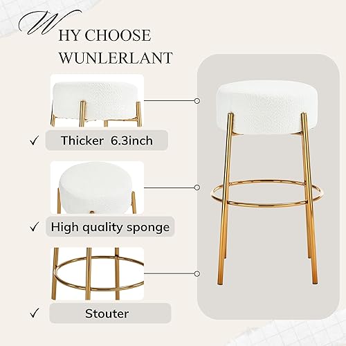 Miniatura 4 de Juego de 2 taburetes de bar redondos tapizados de tela de peluche, sillas de bar de comedor, taburetes de bar con patas de metal dorado y reposapiés