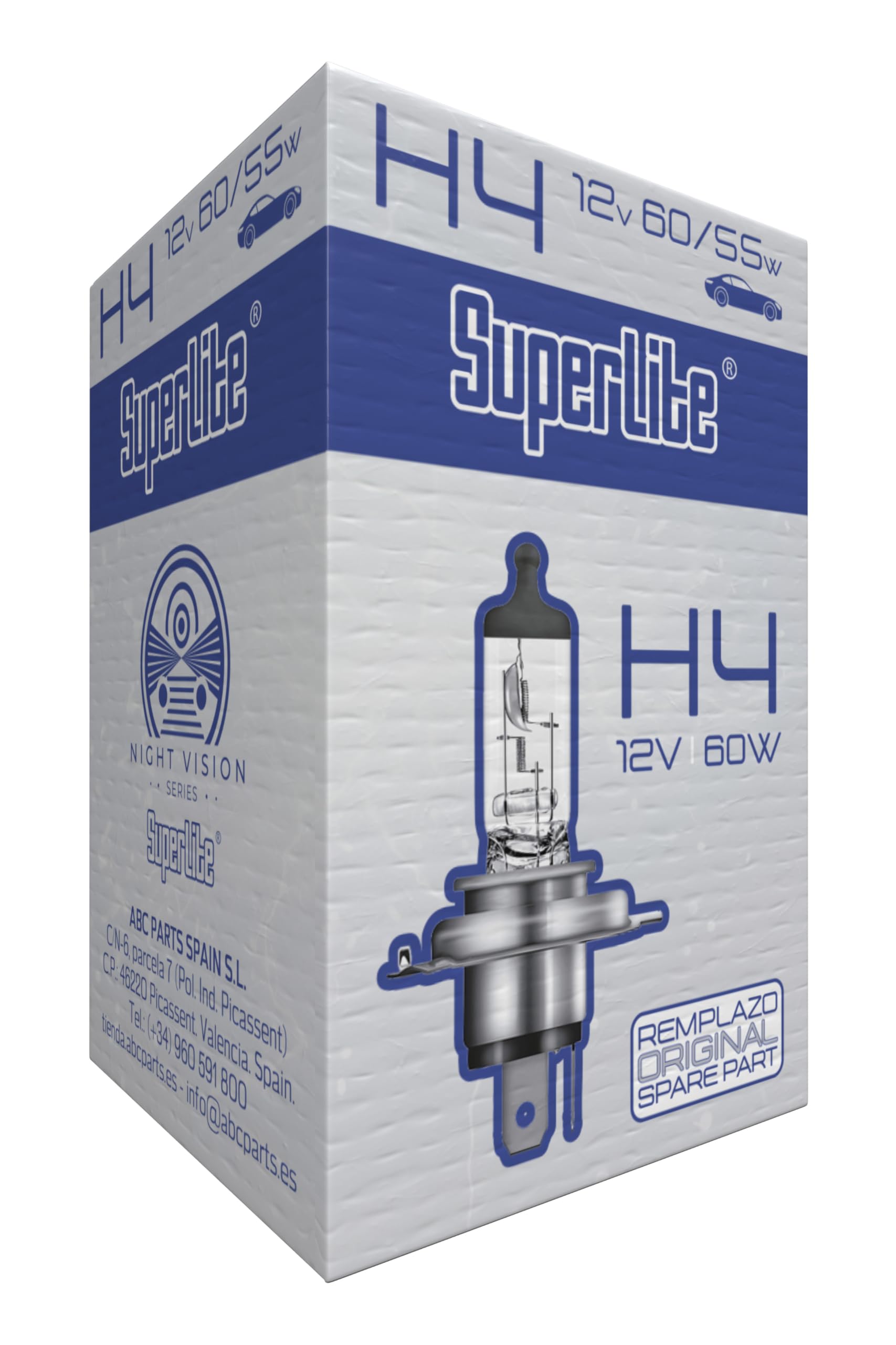 Lampadina alogena Superlite H4 12V 60/55W Per i fari principali della gamma Night Vision. Omologazione E1 R37/03, certificazione RoHs e CE. Durata e luminosità eccezionali.