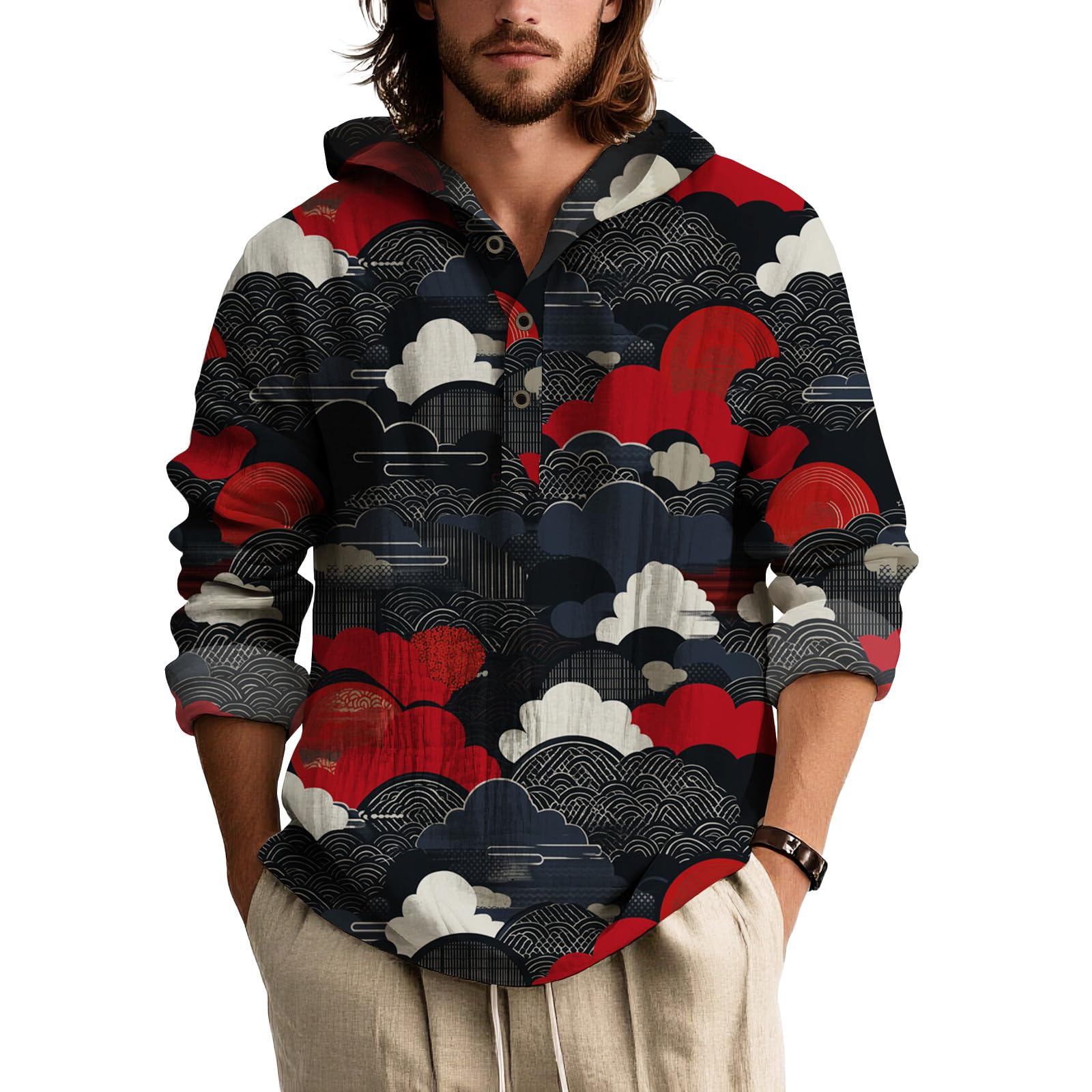 Mens Long Sleeve Button Down Shirt Japanese Art Print Relaxed Fit Casual Top Artistic Style Navy Black