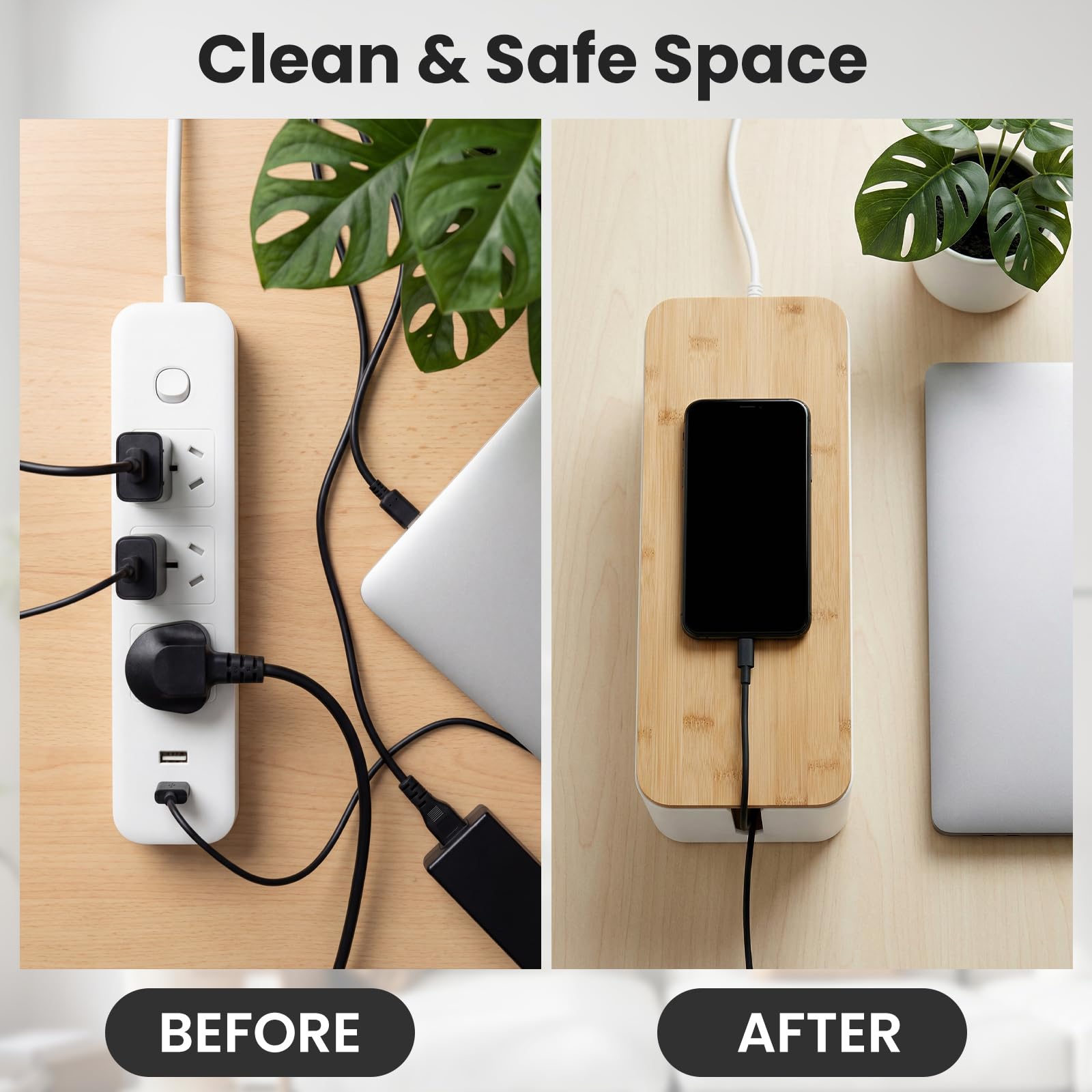 Paquete de 2 cajas de gestión de cables, caja organizadora de cables con tapa de madera para cables de TV, regletas de alimentación, router, concentrador USB y alimentación debajo del escritorio