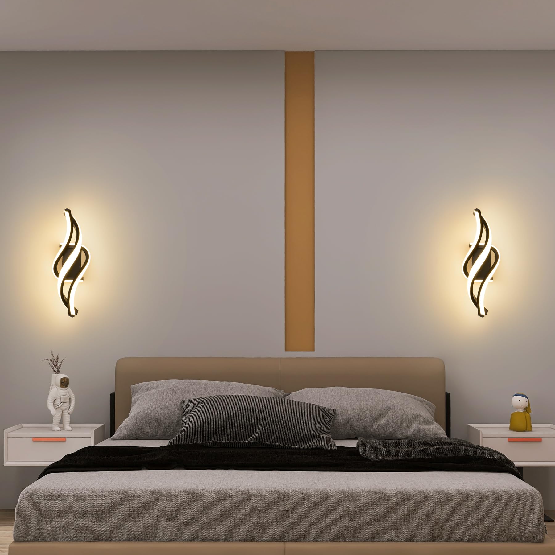 KUKAK Applique da Parete Interno,22W LED Luce Bianco Caldo 3000K 1800 Lumen Lampada da Parete,Moderno Design Curvo Lampade a Muro,Aplique Alluminio per Bagno Soggiorno Camera da Letto Scale Corridoio