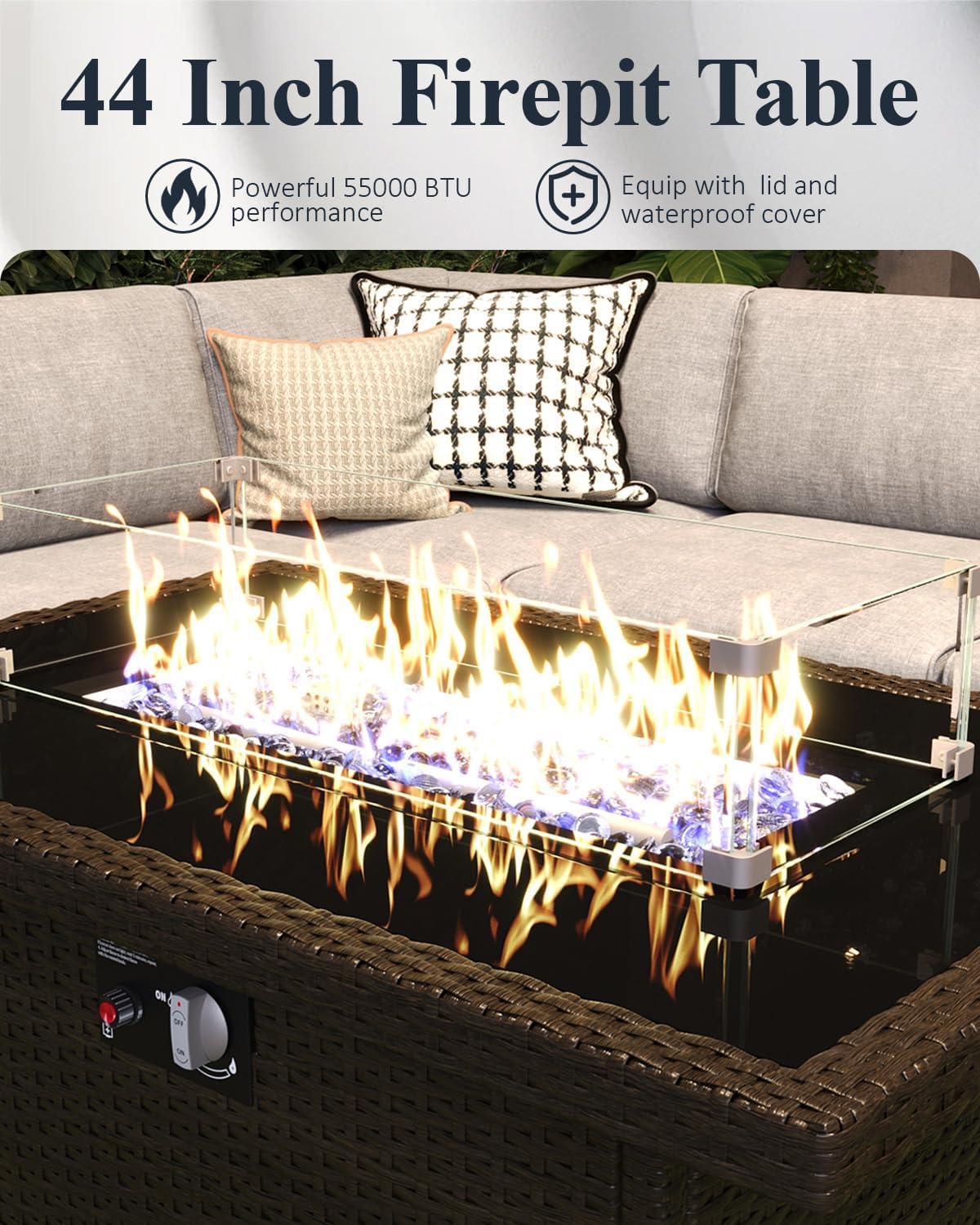 LayinSun 10-Piece Outdoor Modular Wicker Sectional Sofa with Fire Pit Table, Patio Furniture Conversation Set with Deep Seating and Thick Cushions