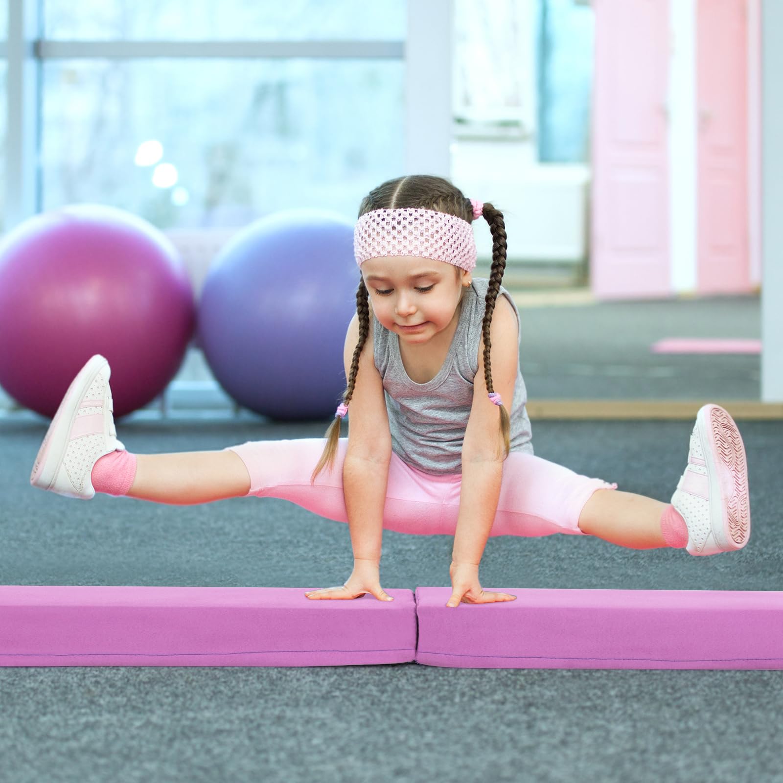 COSTWAY Trave Ginnastica per Bambini per Casa 210 cm, Trave di Equilibrio Pieghevole e Portatile con Manici, Copertura in Suede Rimovibile e Fondo Antiscivolo