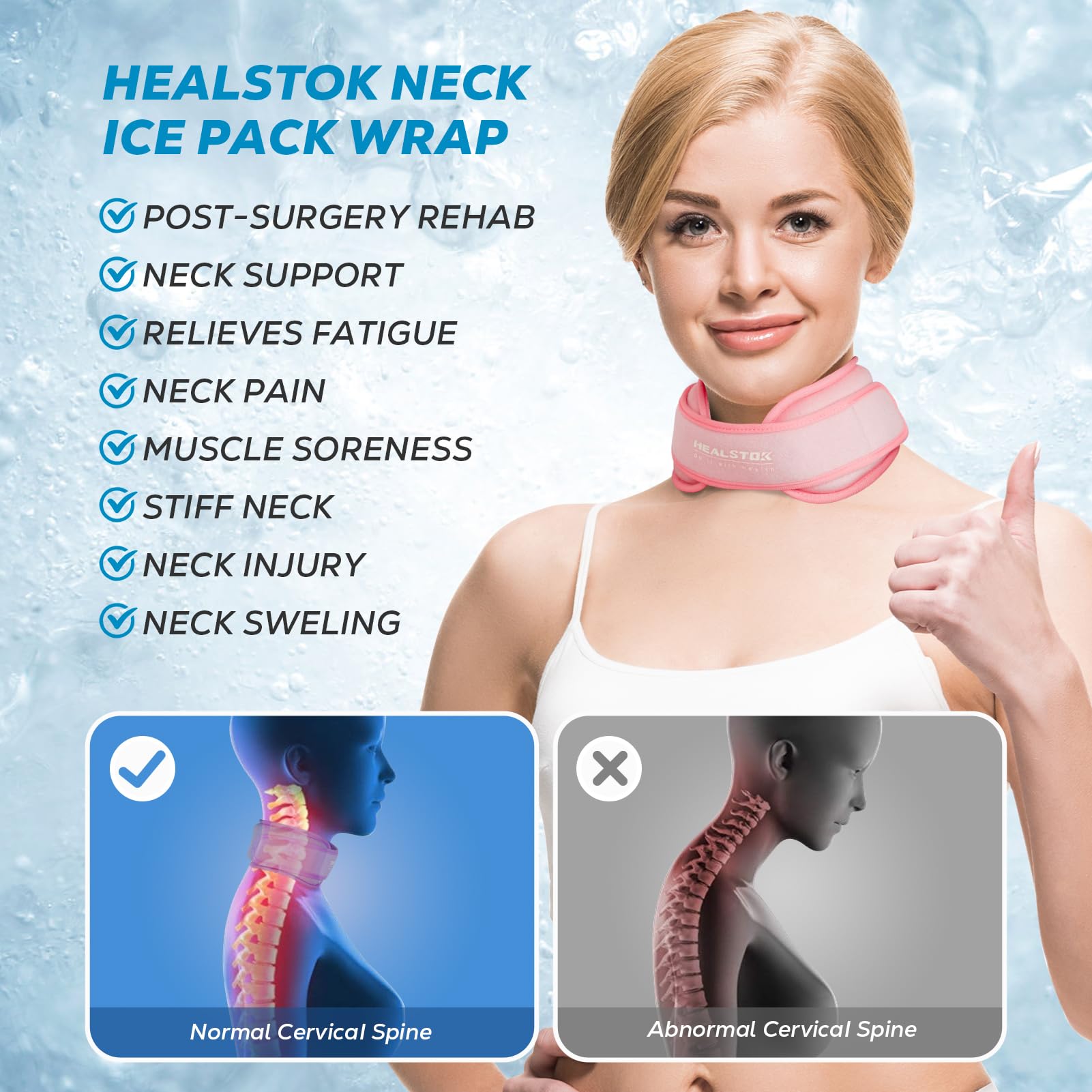 Bolsa de hielo para el cuello, bolsa de hielo cervical, compresa fría para lesiones de cuello, reutilizable, terapia fría y caliente, ajustable, flexible, gel para aliviar la presión, color rosa