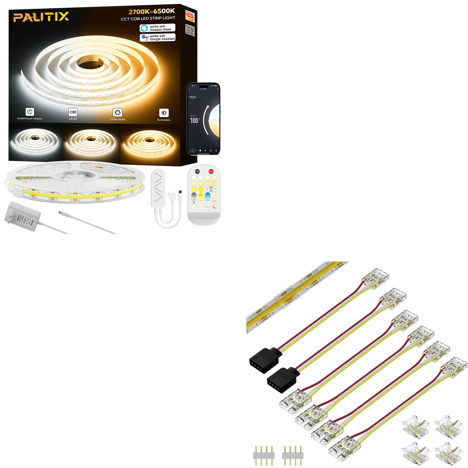 PAUTIX COB LED Streifen CCT LED Strip 10M,Abstimmbarer Weiß 2700K-6500K Smart LED Band Kit,Flexibles Dimmbar 24V LED Leiste Kompatibel mit Alexa/Google Assistent,10mm Steckverbinder für CCT COB