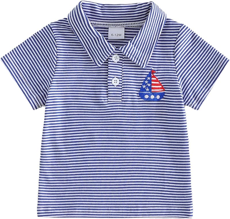 Toddler Baby Boy 4th of July Polo T Shirt Dog and American Flag Embroidered Lapel Collar Button Striped Blouse Tops