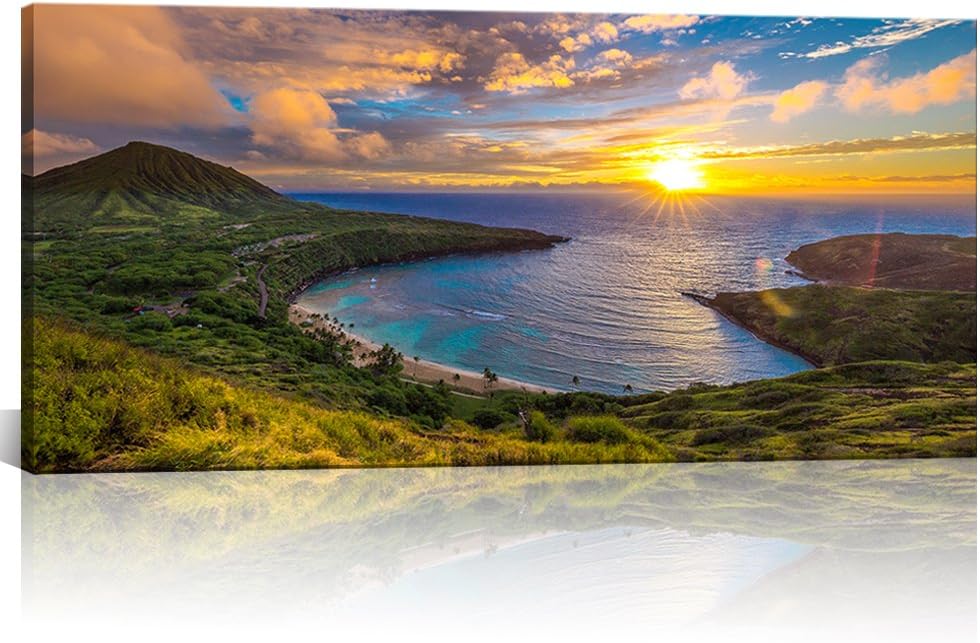 Large Canvas Wall Decorations Sunrise From Hanauma Bay On Oahu, Hawaii Landscape Printed Paintings For Living Room Framed Ready To Hang 24"X48"