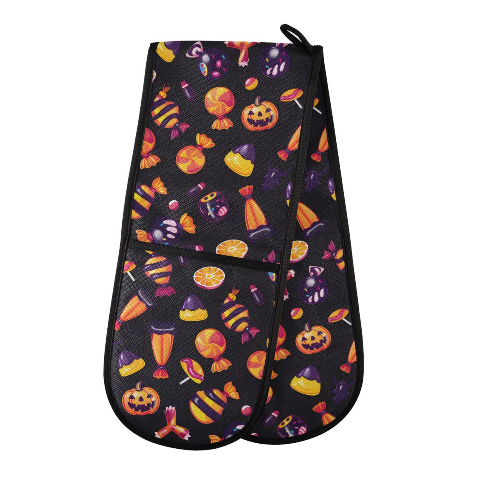 Double Oven Gloves Halloween Pumpkins Candies Heat Resistant Pot Holder Oven Mitt Gloves for BBQ Cooking Baking Grilling Microwave