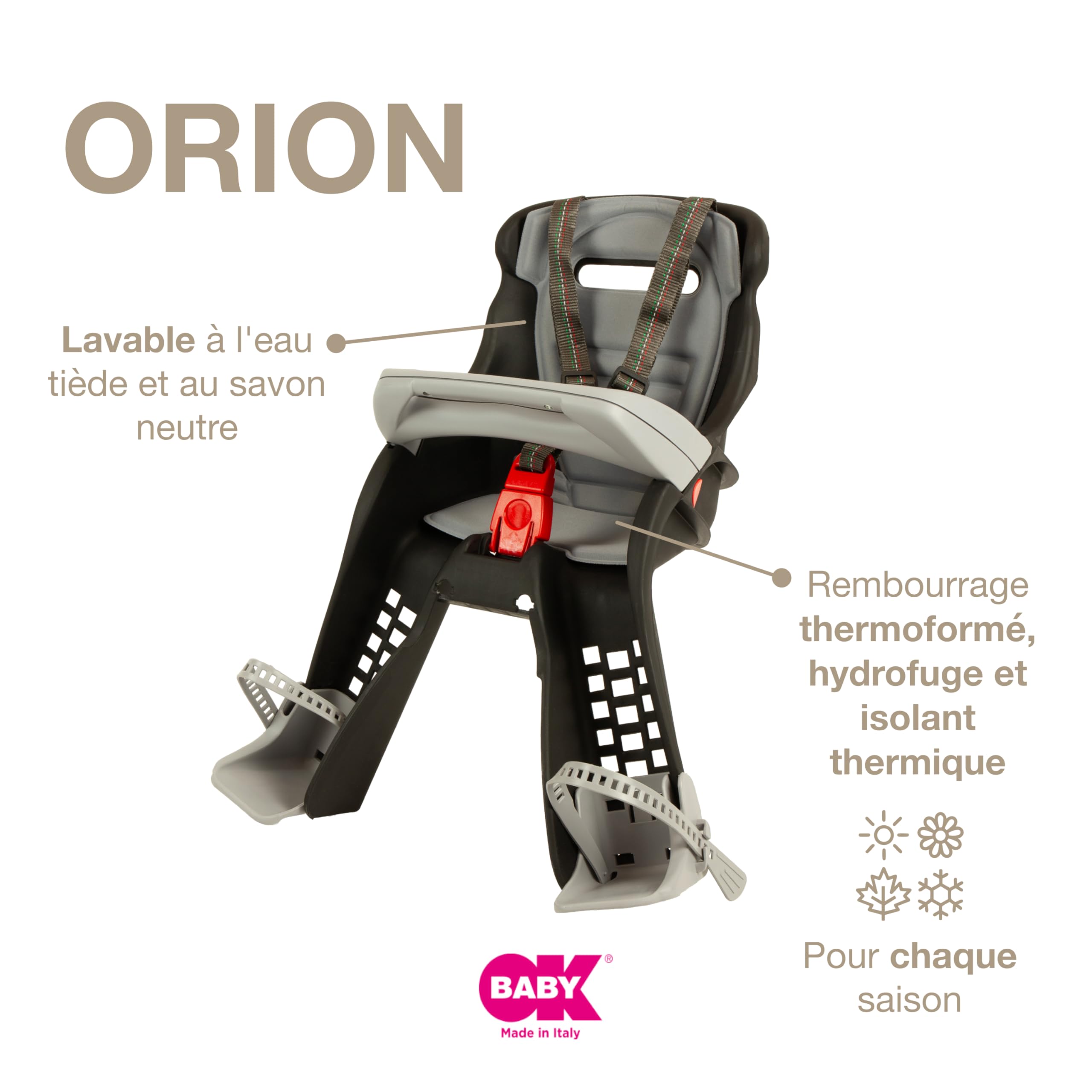 OKBABY Orion - Siège enfant avant, sécurité vélo à partir de 7/8 mois (capacité maximale 15 kg) - Noir/Gris