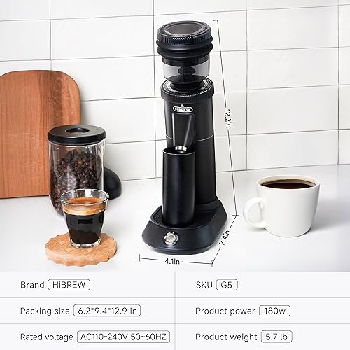 Miniatura 8 de HIBREW Molinillo de espresso G5 de dosis única con rebaba cónica, taza dosificadora magnética, carcasa de metal, ajuste de doble velocidad, ajustes