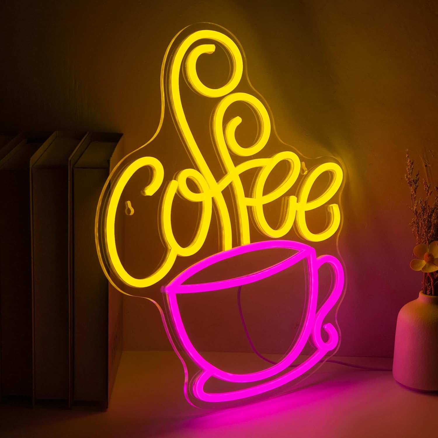 Coffee Neon Sign for Coffee Bar Decor, Dimmable Pink&Yellow Neon Lights for Kitchen, Cofe Station, Bar Area, Café, Lounge or Shop, USB Powered Retro LED Wall Decor Aesthetic for Home Decor