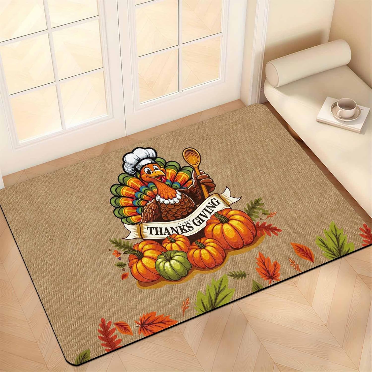 Cartoon Chef Turkey Thanksgiving Fall Welcome Doormat for Entryway,Colorful Pumpkins & Autumn Leaves Welcome Mat Outdoor,Rug Indoor,Front Porch Mat,Fall Decor 30"×18"