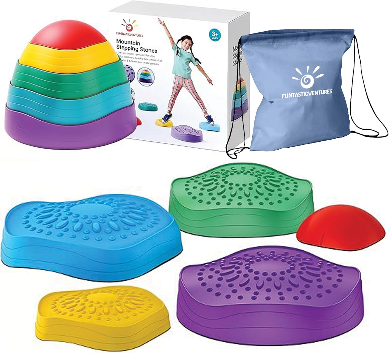 Kids Stepping Stones – 5-Piece Balance and Coordination Obstacle Course Set with Non-Slip Silicone Bottoms for Indoor and Outdoor Active Play