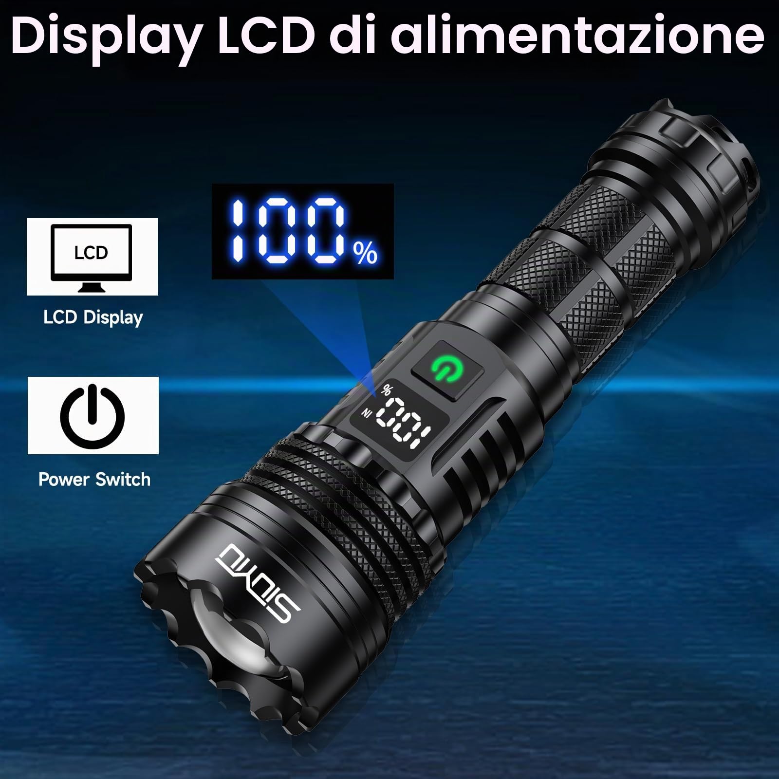 Torcia Tattica ad Alta Luminosità, Ricaricabile, 3000 Lumen Torcia Led Potente, Impermeabile IPx45, 5 Modalità di Luminazione, per Campeggio, Emergenza, Esterni, Casa
