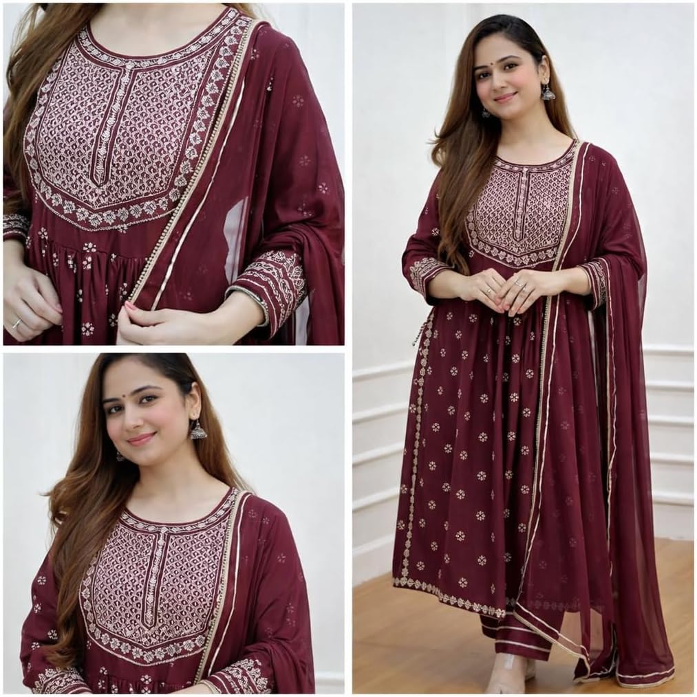 Women's Rayon Naira Cut Kurta Set with Dupatta – Embroidered Ethnic Tunic Dress for Office Festive Wear