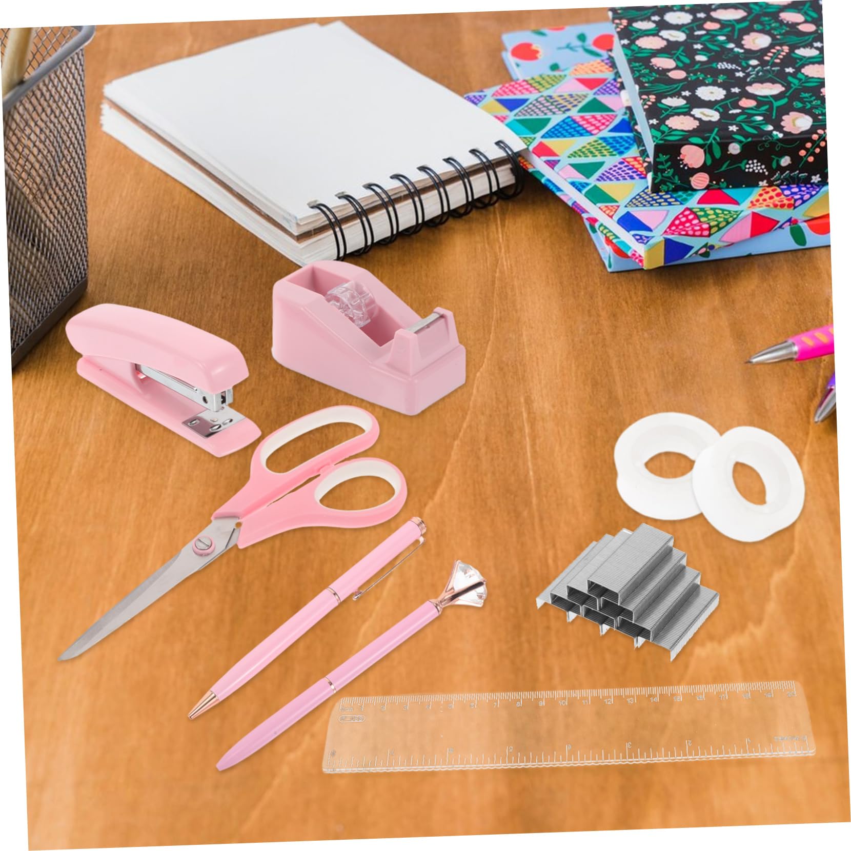 Bürohefter Satz 1 Satz aus Kunststoff Eisen und Papier Rosa | Klebebandabroller und Tackerentferner, für Büro und Studium, Stilvoll für Frauen