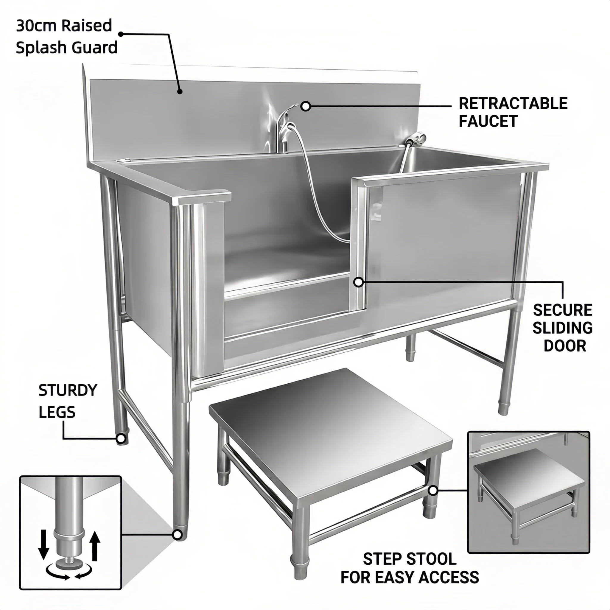 Vasca da Bagno per Cani in Acciaio Inox 304, Vasca Toelettatura Professionale con Pedana di accesso e Porta Scorrevole, Stazione Lavaggio Cani Antiscivolo con Miscelatore fino a 100 kg (47.24in)