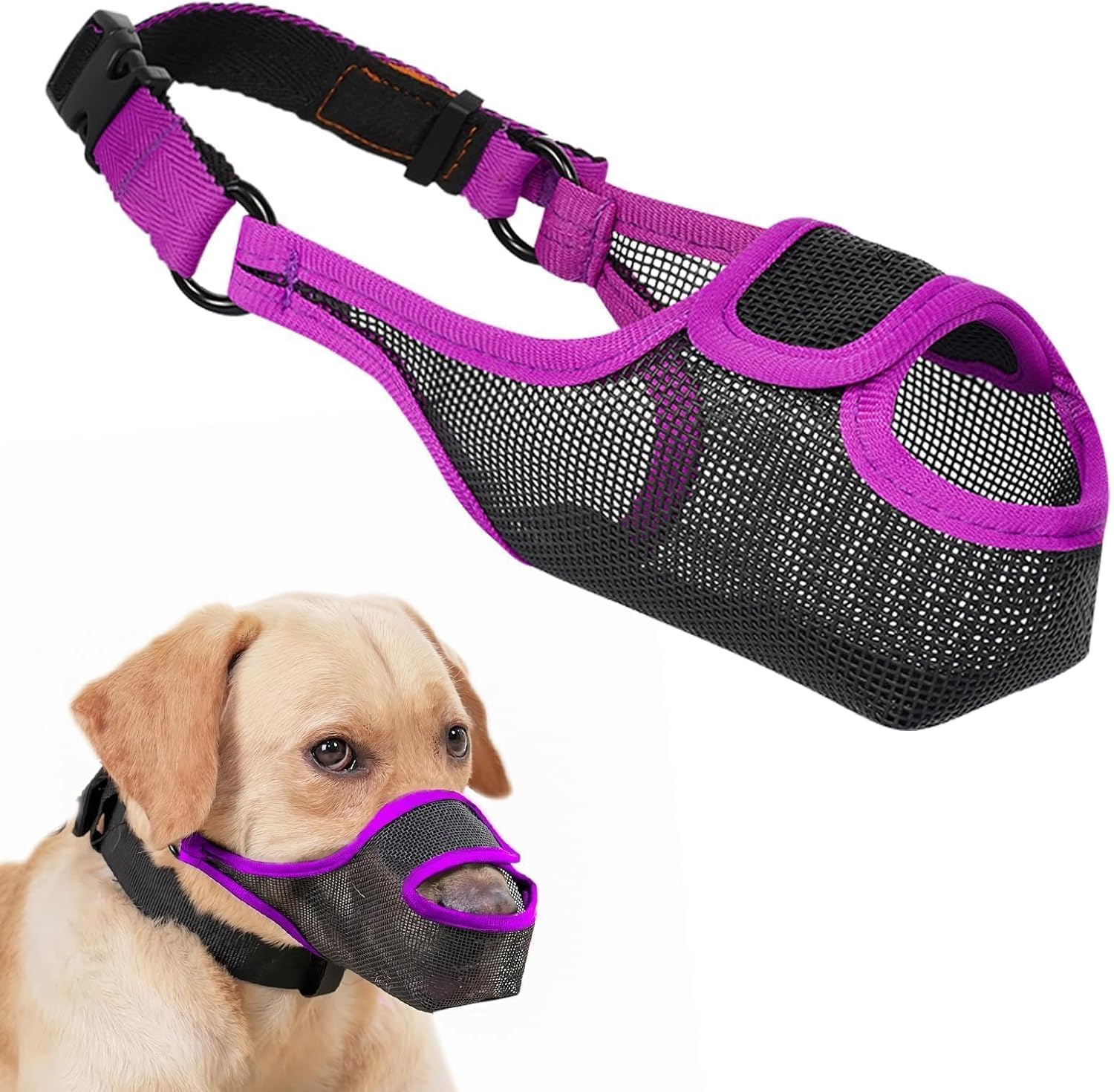 LUCKYPAW Dog Muzzle, Mesh Muzzle for Large Medium Small Dogs Allows Full Pant Drinking Mouth Cover to Prevent Biting Chewing Scavenging Adjustable Breathable (XS, Purple)