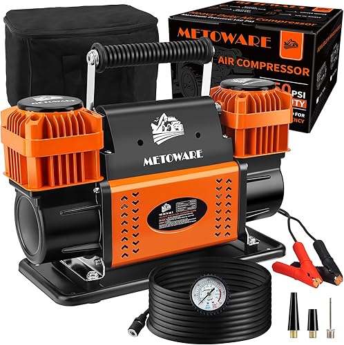 METOWARE Compresor de aire todoterreno, bomba de aire portátil de 12 V con 10.6 CFM, inflador de neumáticos de doble cilindro para coche resistente,