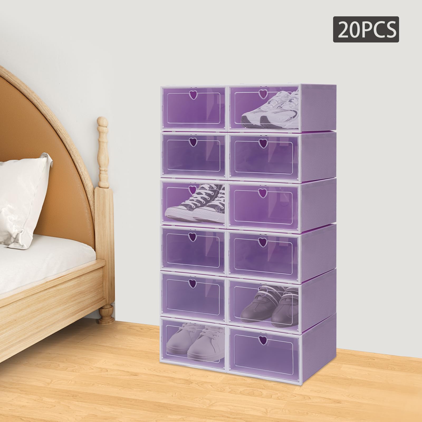 Juego de 20 cajas de zapatos apilables de plástico transparente con tapa para hombre y mujer, 33 x 23 x 14 cm, color morado