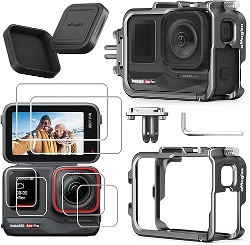 Funda de aluminio con marco de metal con tapa de lente de silicona protector de pantalla para cámara Insta360 ACE PRO, kit de accesorios de cámara,