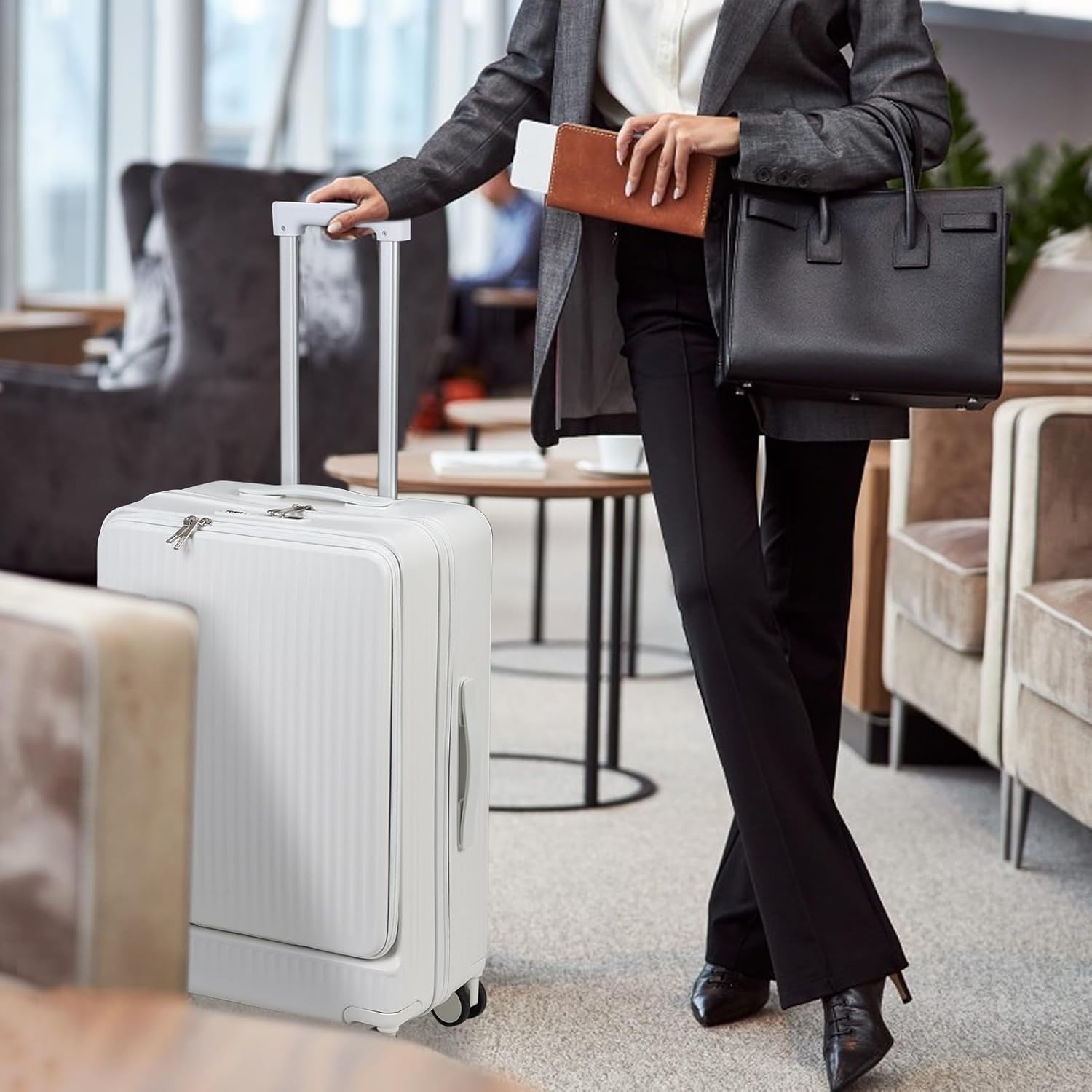 24in Aluminium Frame Hardside Expandable Spinner Wheel Luggage, Front Open Carry on Luggage, Built-in lock Carry on Suitcase, with Cup Holder & USB Type-C Charging Port & Phone Stand White