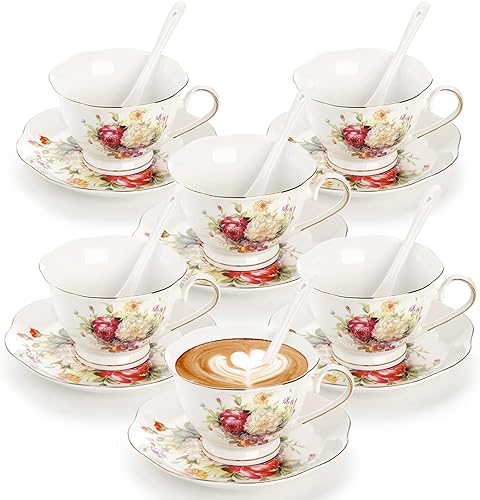 Foraineam Juego de 6 tazas de té florales con platillos y cucharas, tazas de café y platillos con ribete dorado, taza de café con leche marfil de