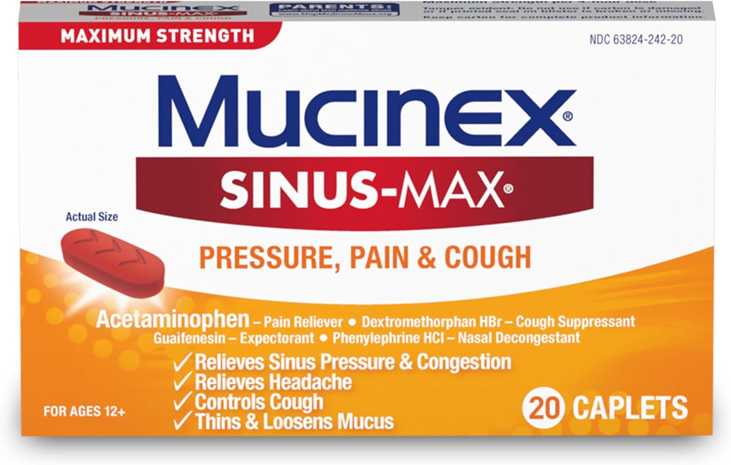 Mucinex Maximum Strength Sinus-Max Pressure and Pain Caplets, 20 Count Relieves Sinus Pressure & Congestion, Headache & Fever, and Thins & Loosens Mucus (Pack of 3)