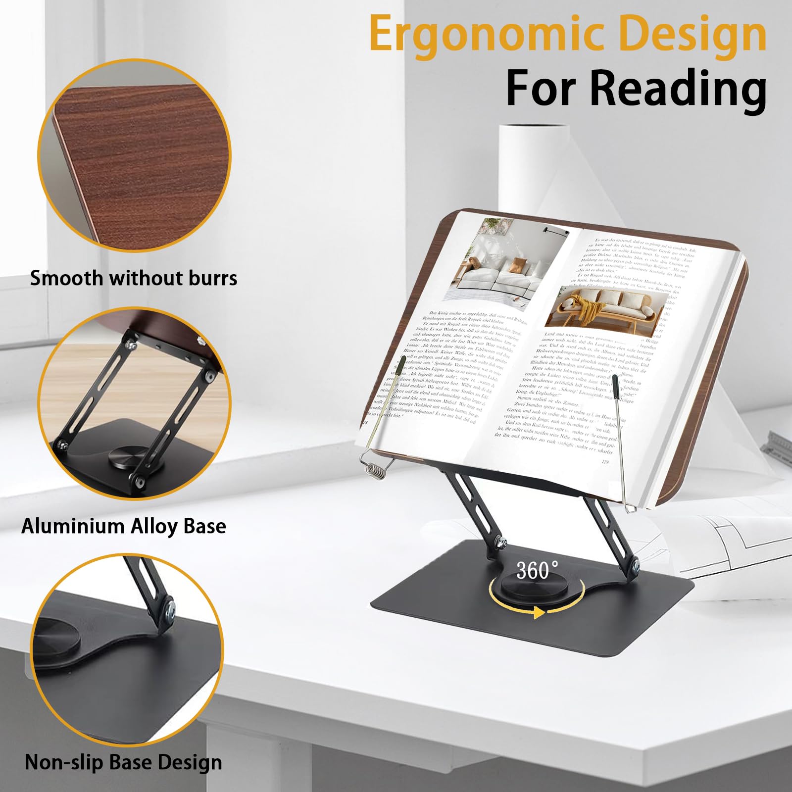 Pupitre Lecteur Pliable 360° - Support Livres/tablettes - Bois Et Aluminium - Hauteur Réglable