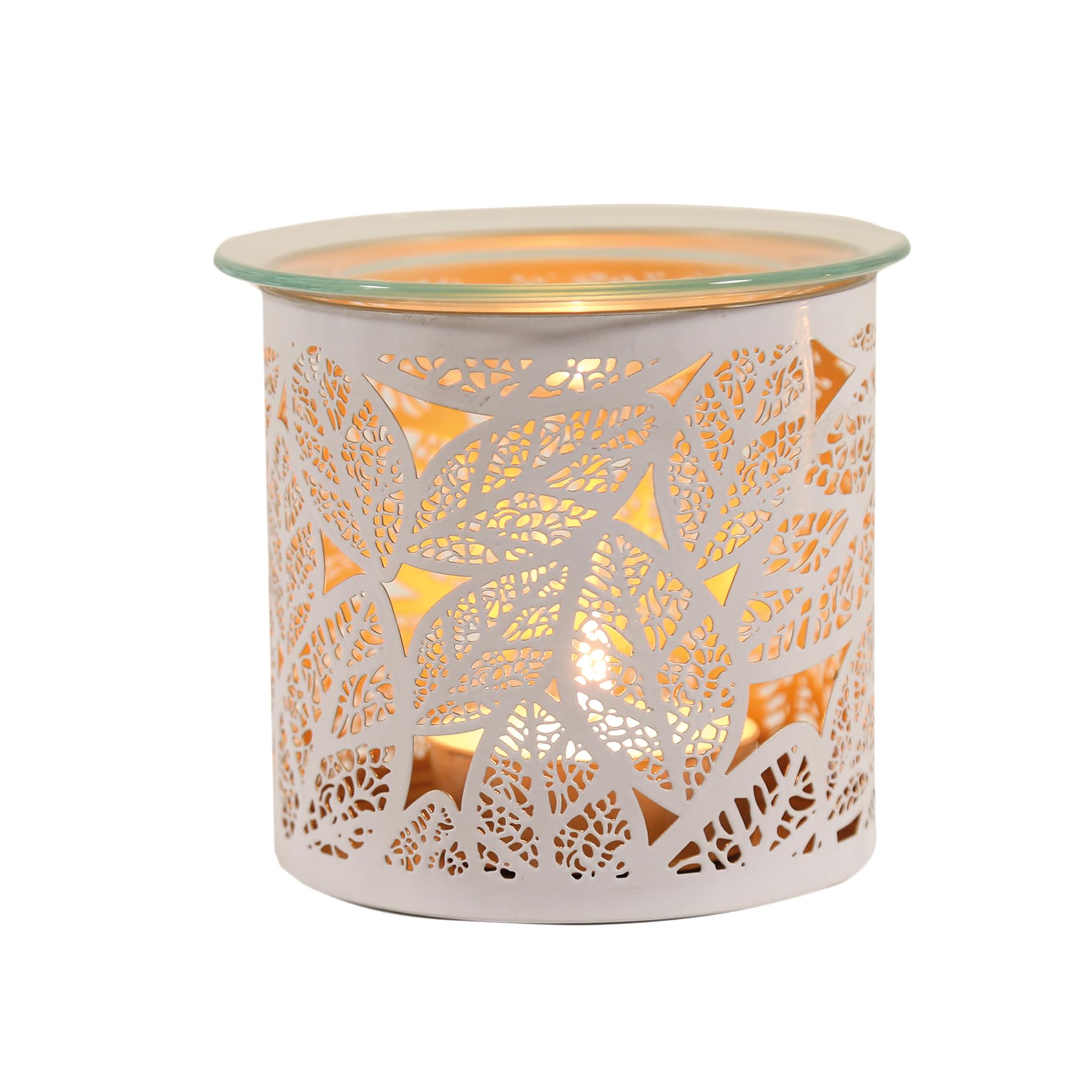 Aroma Tealight Wax Melter & Candle Holder - White & Gold Silhouette Leaves 10.5cm
