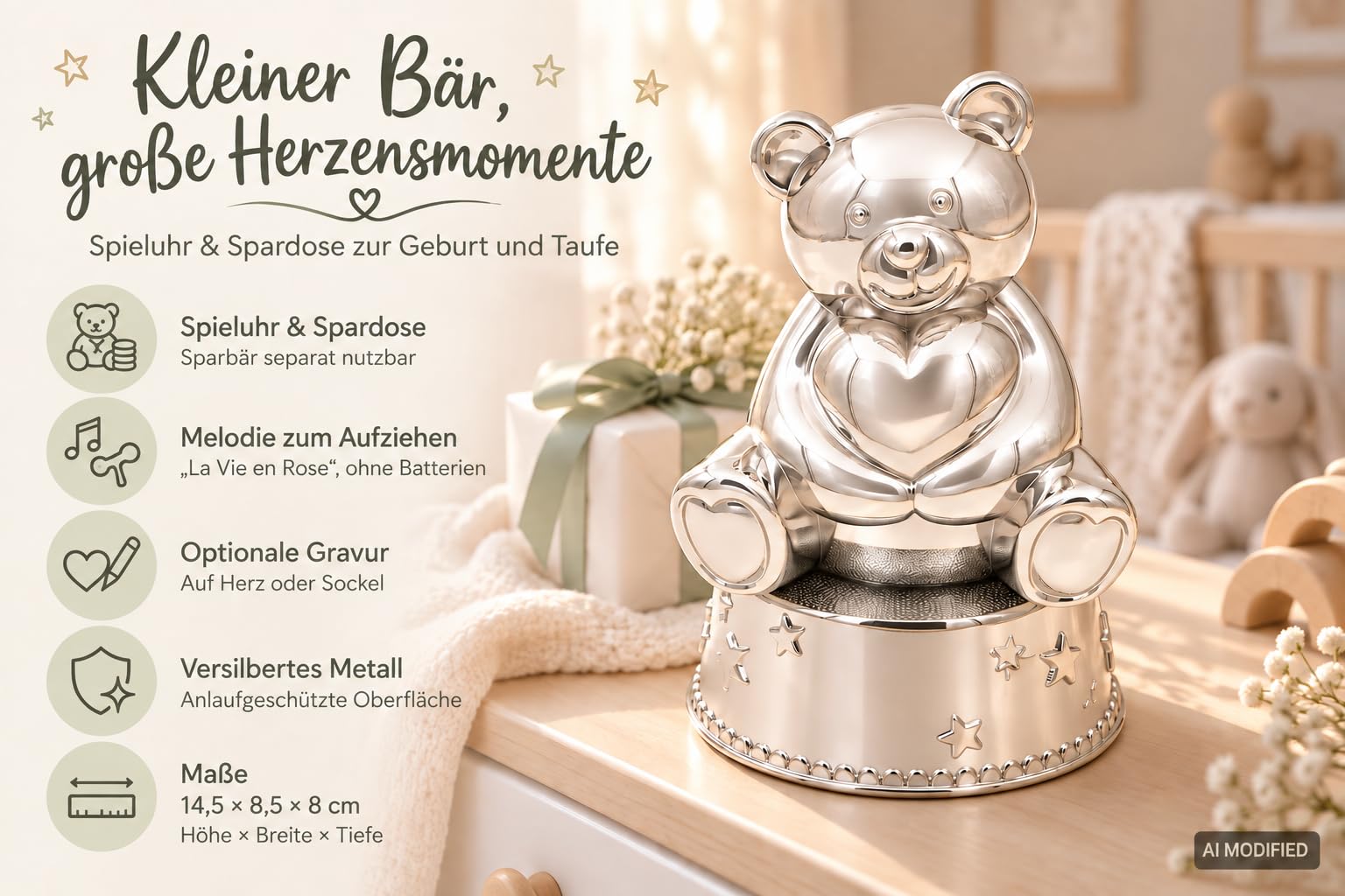 Caja de música, hucha, diseño de oso plateado, grabado hasta 15 caracteres