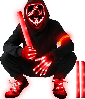 Camlinbo 5 Set Halloween LED Mask Light Up Gloves, Armbands, Shoelaces, 2 Pack Foam Glow Sticks, Halloween Costume Party for Adults