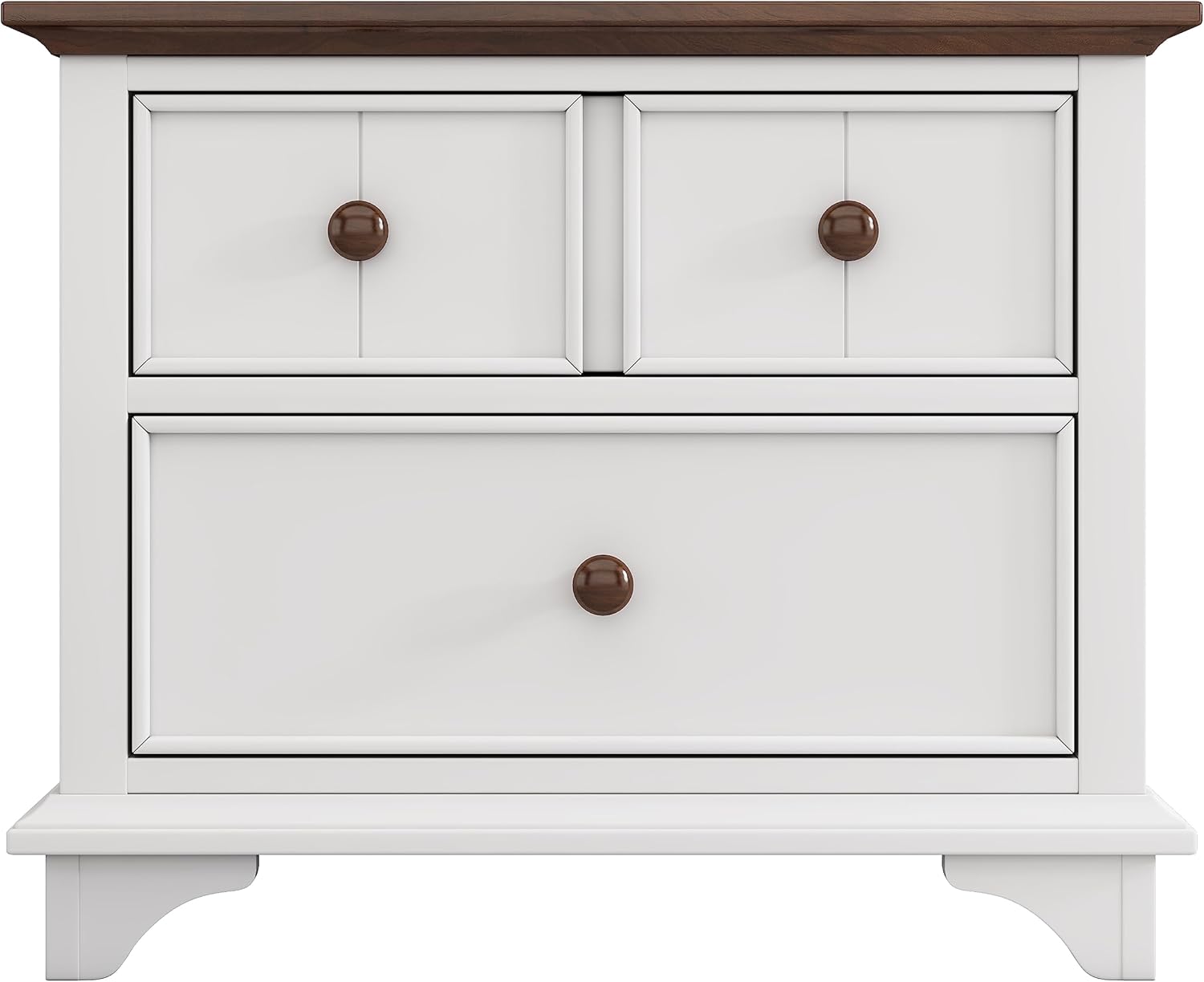 Merax Modern Rustic Wood Nightstand with Drawer, Night Stand for Bedroom Wood Bedside End Table for Small Space White+Walnut