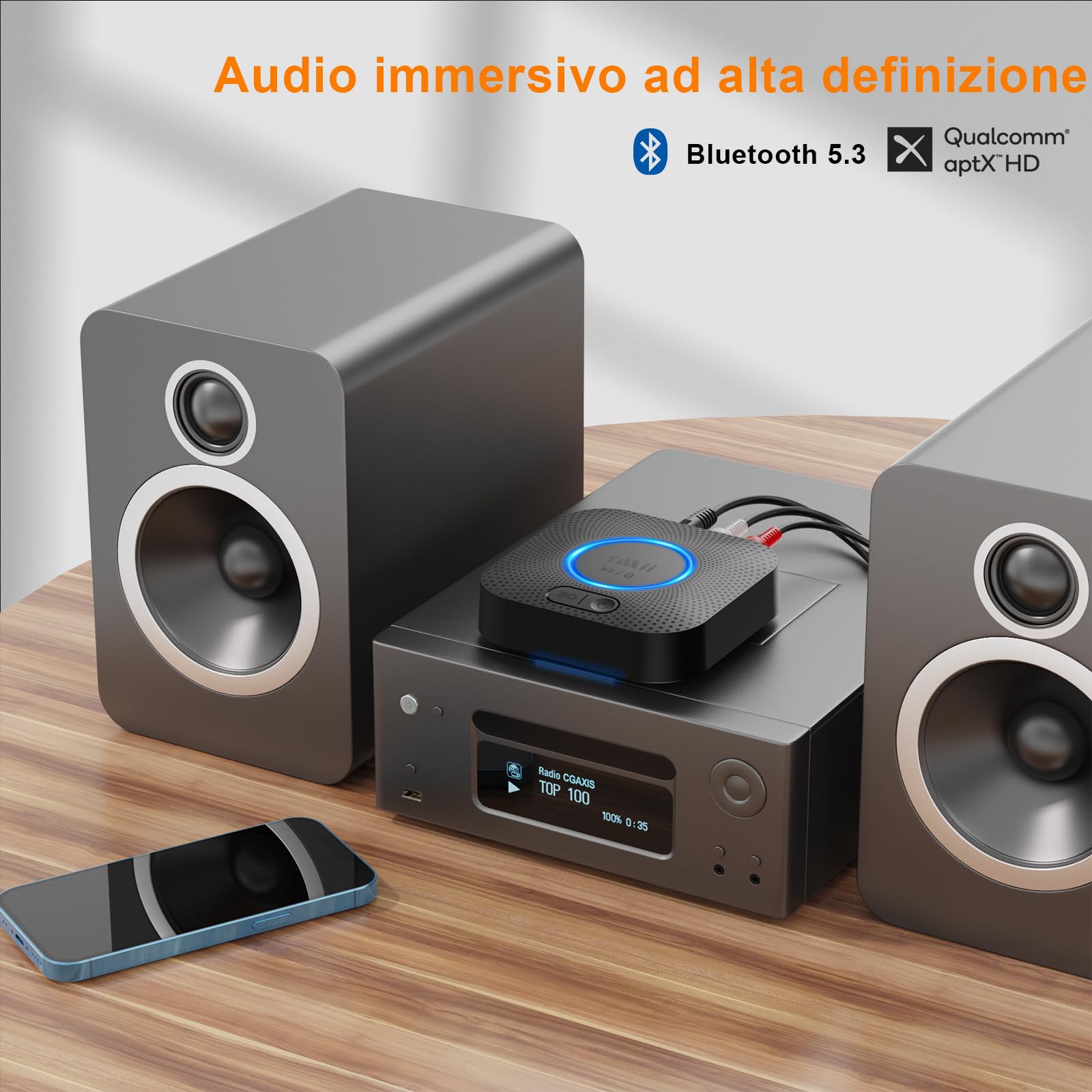 1Mii Ricevitore Bluetooth 5.3, Adattatore Audio Bluetooth HiFi con Jack AUX 3.5mm e RCA, 3D Surround e aptX HD, Wireless per Amplificatore, Stereo Casa, Lungo Raggio 50m
