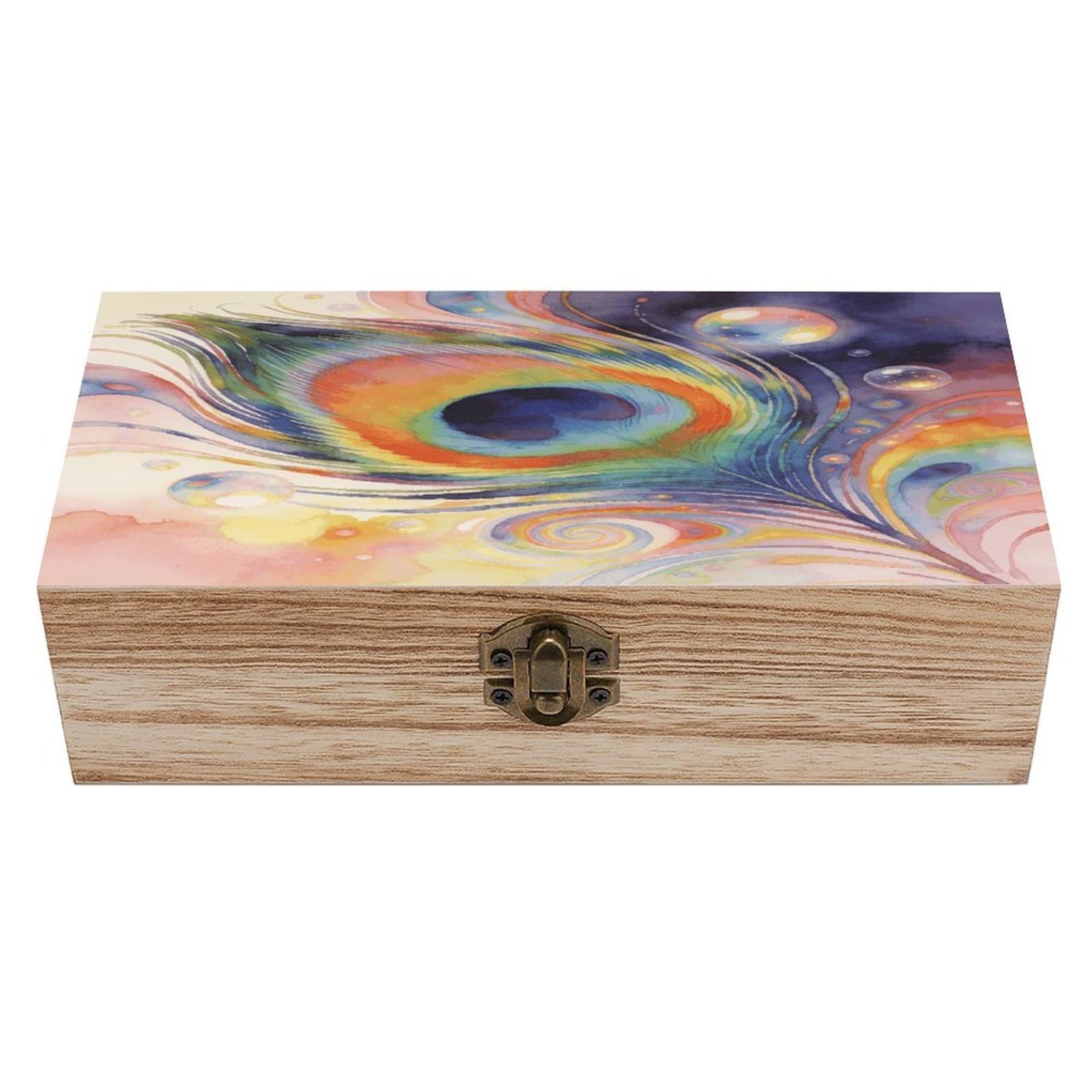 VstaDank Psychedelic Peacock Feather Wooden Storage Box with Hinged Lid Natural Wooden Box Beautifully Keepsake Boxes Vintage Wood Boxes Jewelry Organizer Trinket Storage Chest Unique Gift