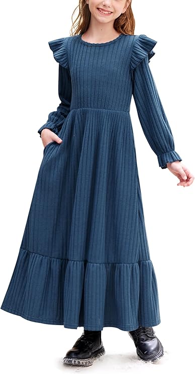 BesserBay Girl's Fall Long Sleeves Ruffle Crew Neck Casual Tiered Maxi Dresses with Pockets 6-14 Years