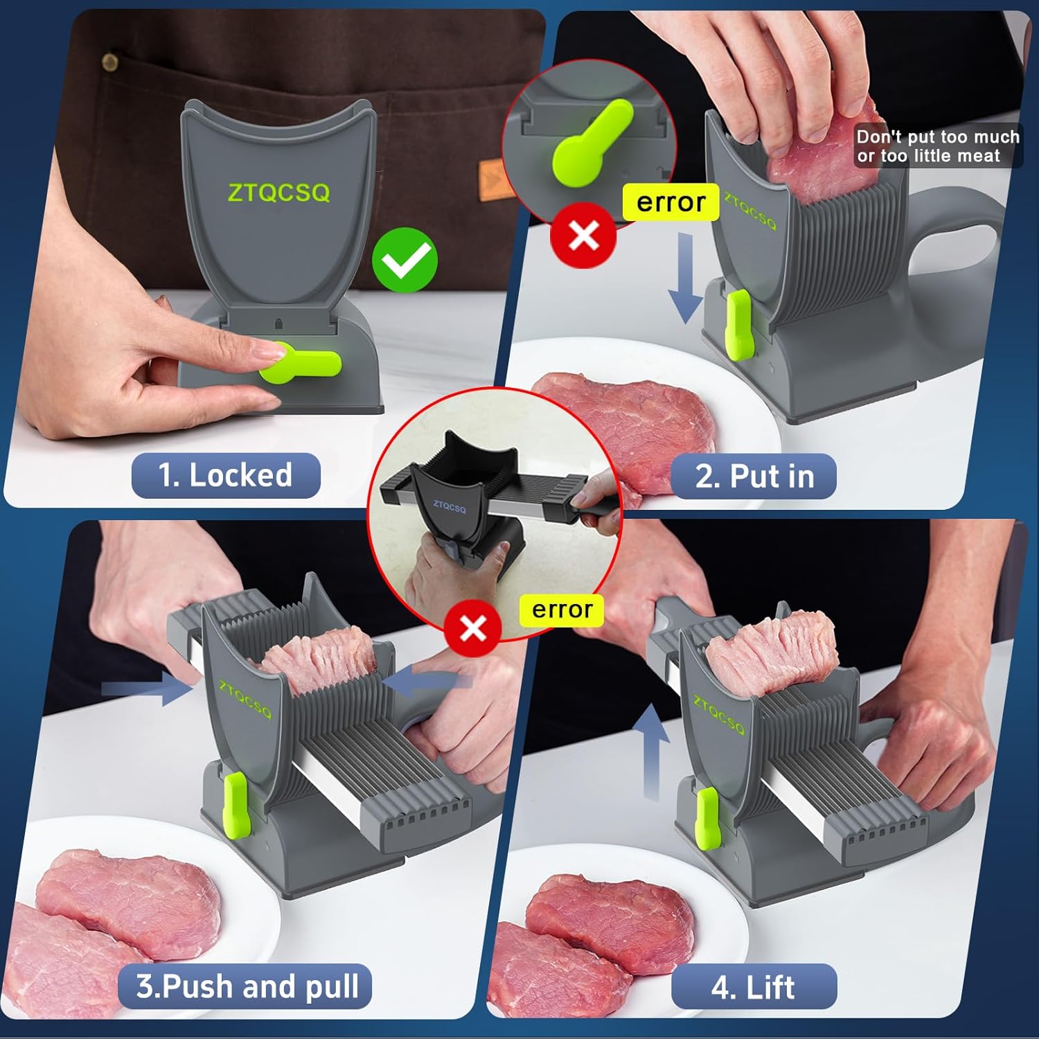 New Meat Slicer for Fresh Raw Meat (Steady Grip), Meal Prep, Thickness Adjustable 2 or 4 mm Manual Cutter, Quick Slice Slicing Shredding, Beef Pork Mutton for Cooking BBQ Hot Pot -Gray