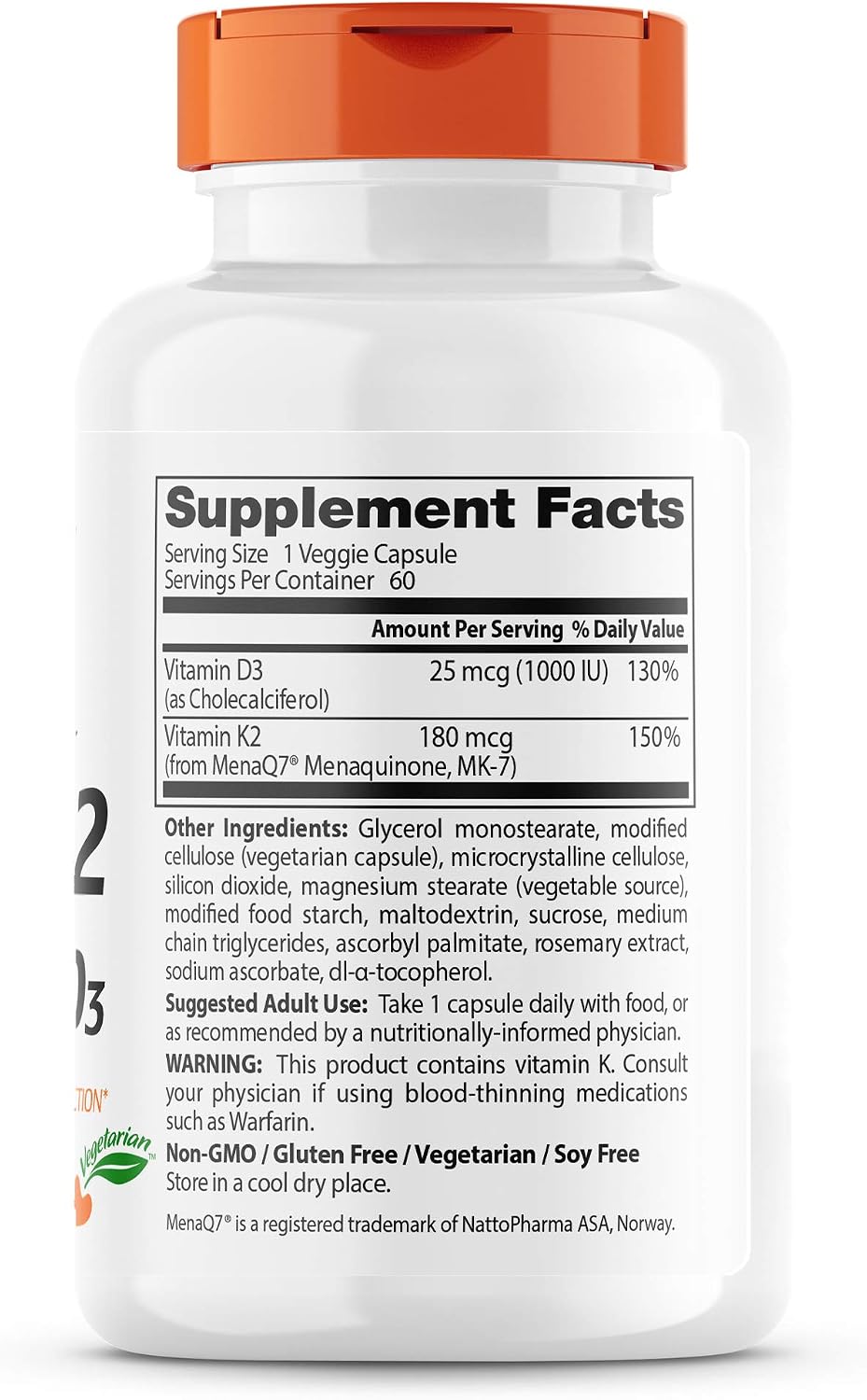 Doctor's Best Natural Vitamin K2 with MK-7, 180mcg Plus D3 1000IU, Non-GMO, Gluten Free, Vegetarian, Soy Free, 60 Veggie Caps
