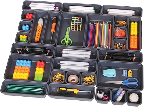 Juego de 28 organizadores de cajones de escritorio entrelazados, separadores de plástico poco profundos y estrechos, organizadores de cajones