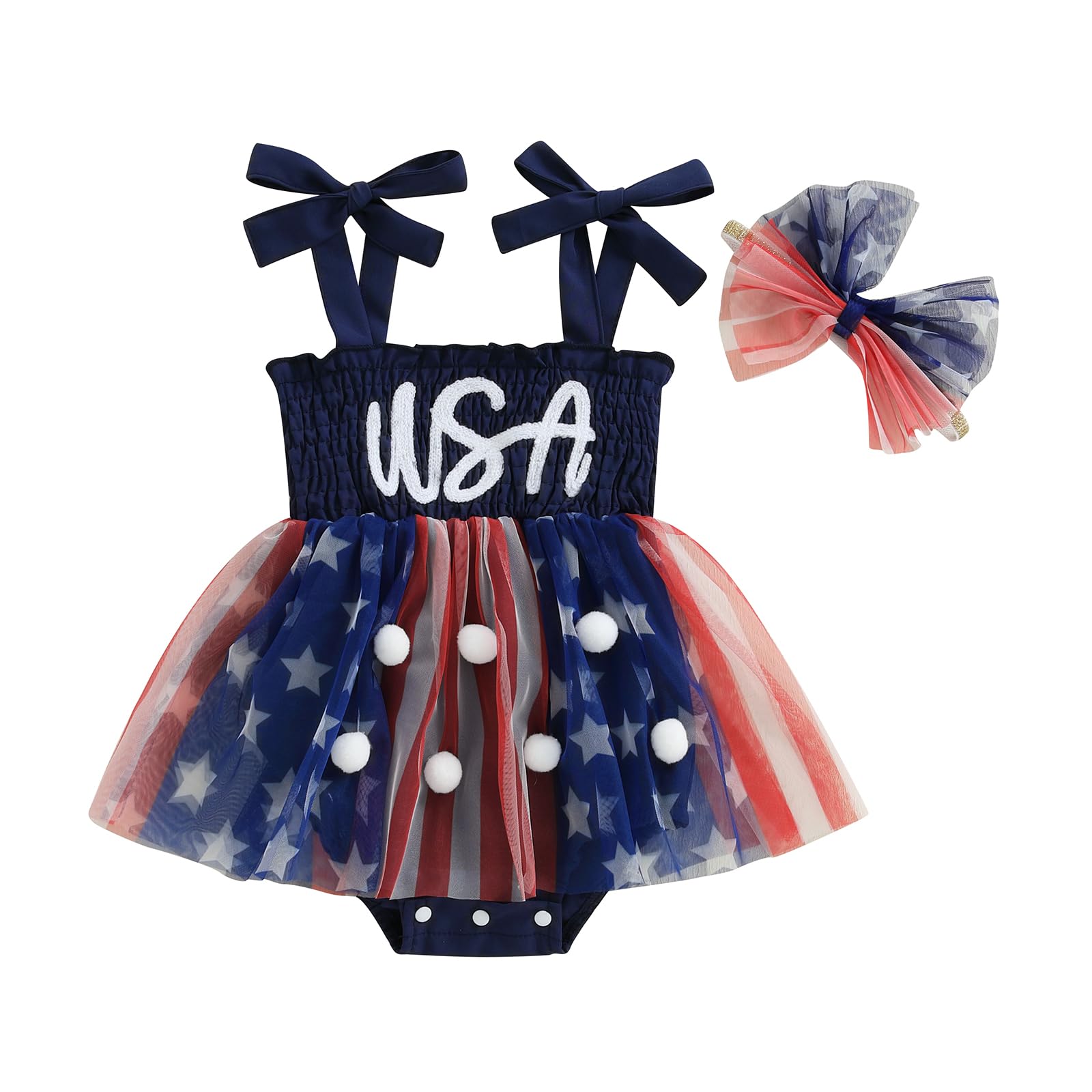 Baby Girl 4th of July Outfits Sleeveless USA Tulle Romper Headband Set Newborn My Firtst Fourth of July Clothes