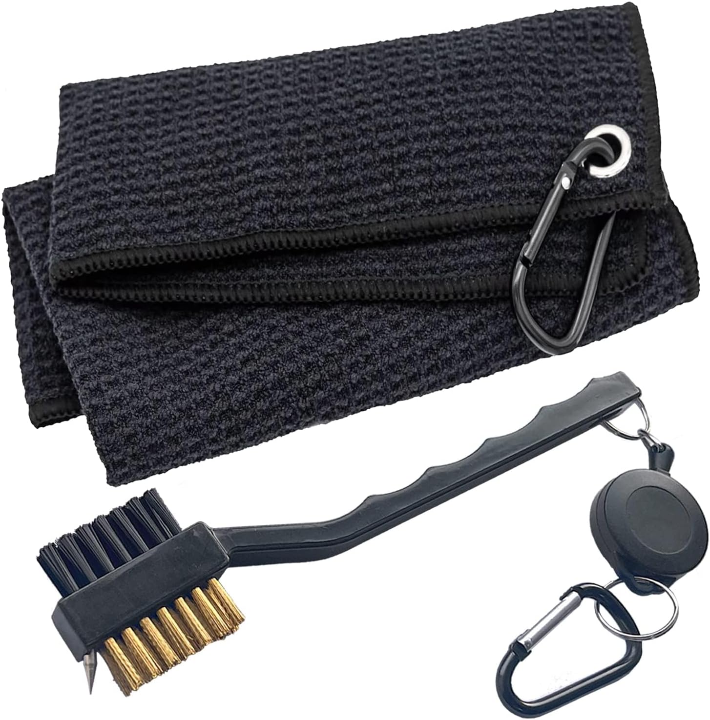 Golf towel and brush cleaning set with microfiber towel and clip attachment