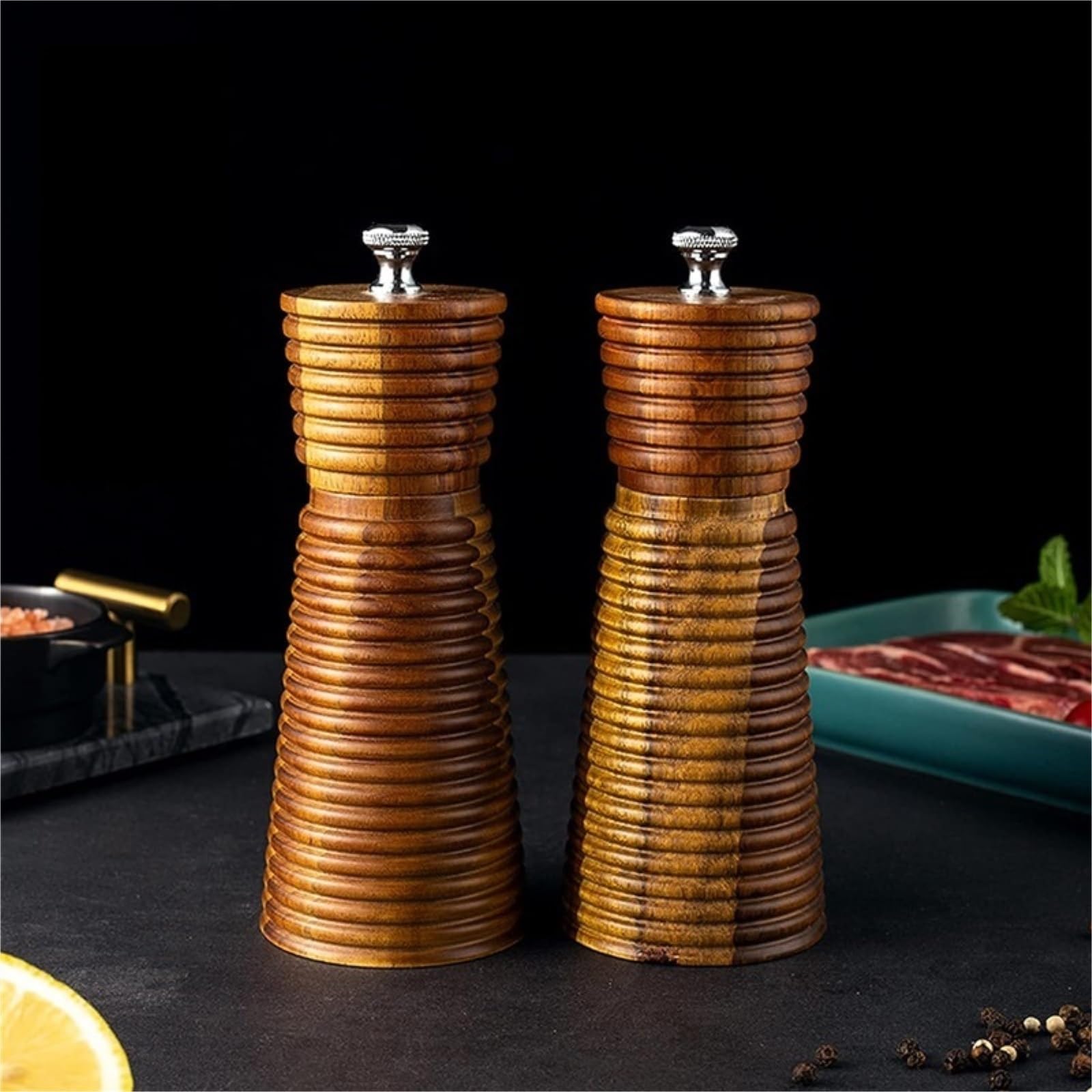 Mühle Für Salz Pfeffer 6-Zoll-Pfeffermühle Aus Akazienholz, Grobes Salz, Pfeffer, Pulver, Mahlen, Gewürzflasche Gewürzmühlen Küche(2pcs)