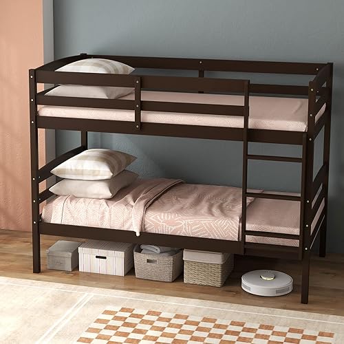 Miniatura 8 de KOMFOTT - Litera con tamaño doble sobre dos individuales, estructura de litera de madera con barandilla de longitud completa y escalera integrada,