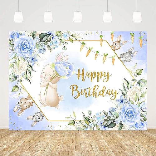 Miniatura 2 de Fondo de fiesta de feliz cumpleaños de 7 x 5 pies, conejito de primavera, Pascua, conejo, floral, mariposa, zanahoria, fondo de fotografía, fondo de