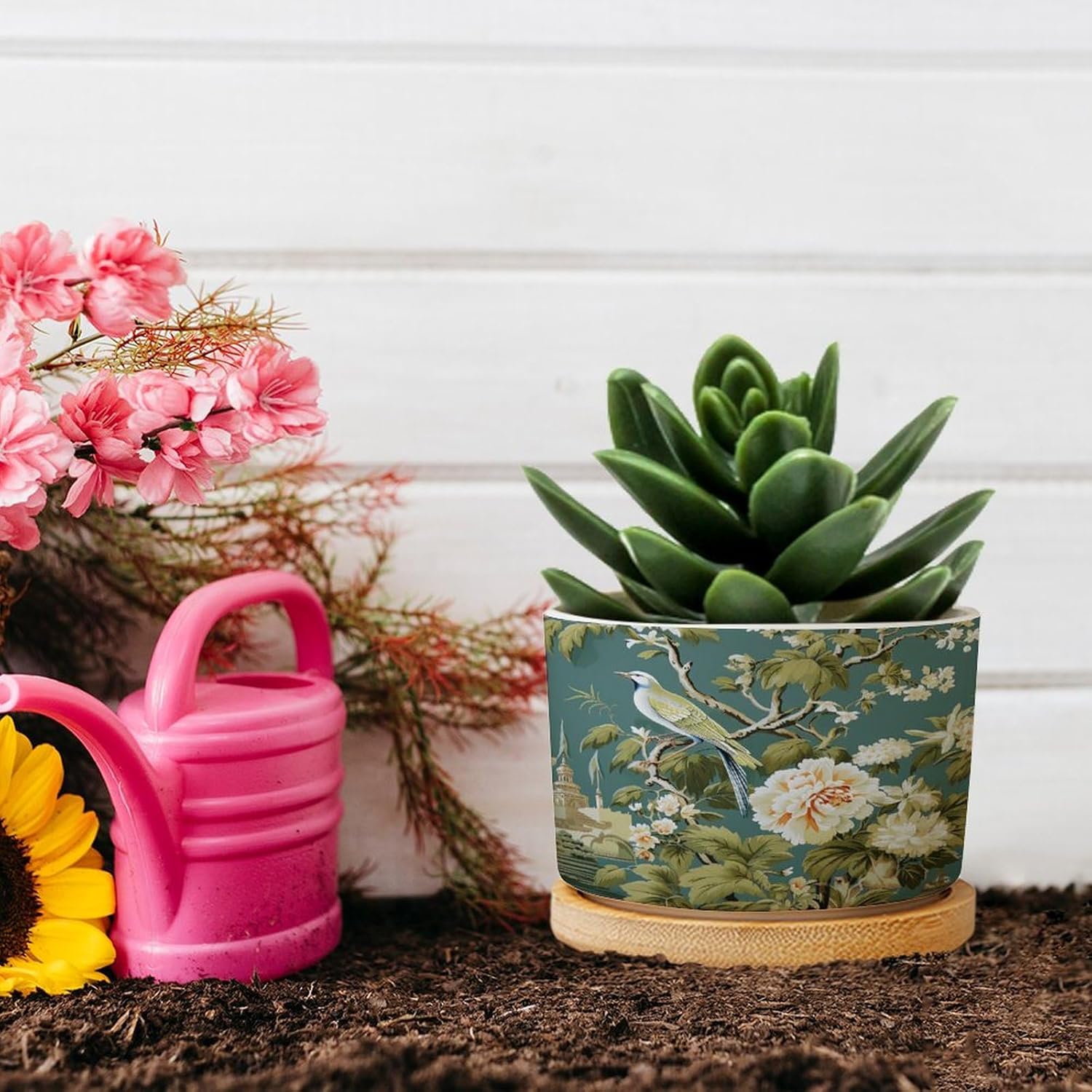 Garden Planter Ceramic Green Chinoiserie Floral Bird Round Flower Pot with Drainage Holes and Bamboo Tray Pot for Home Office Decoration