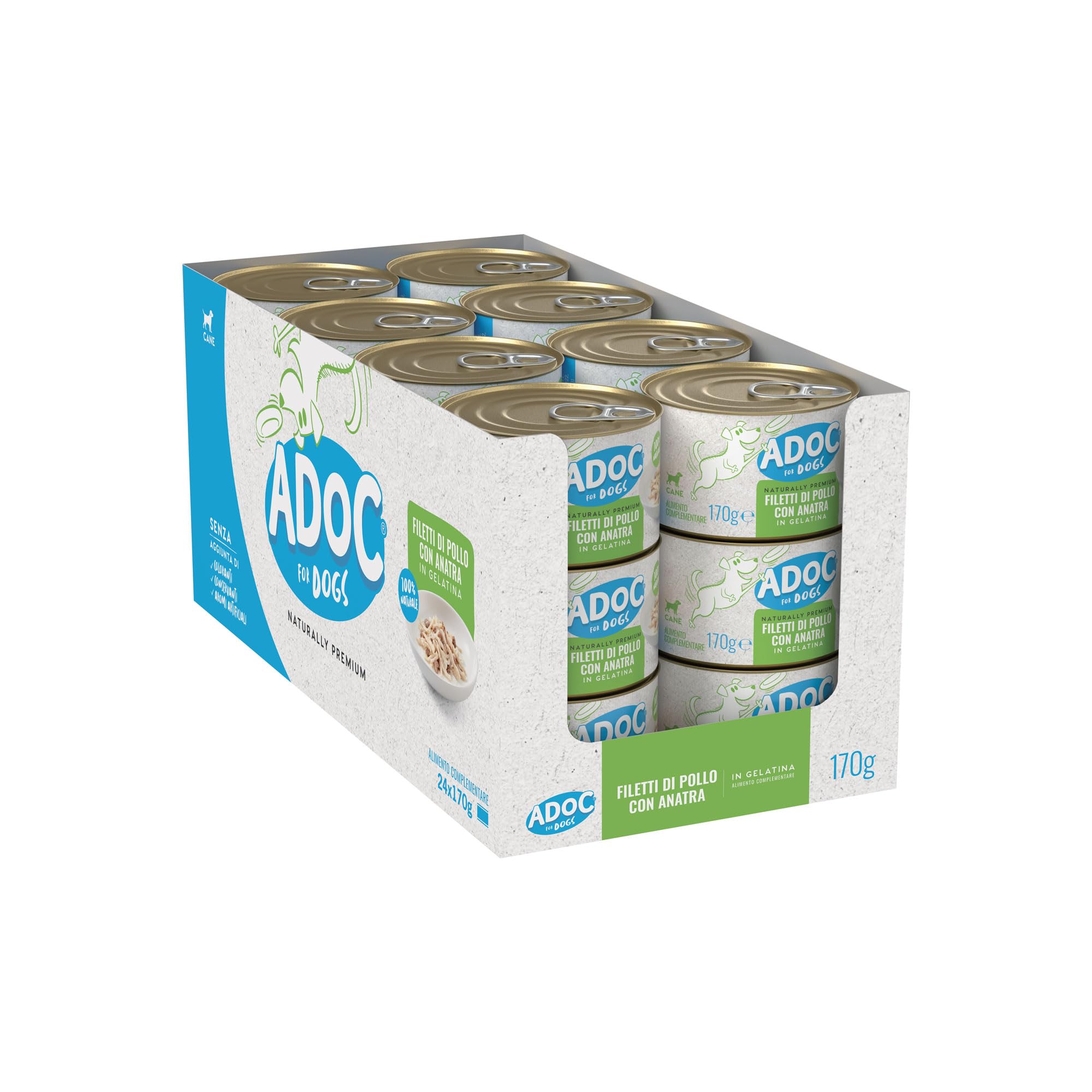 Adoc Naturally Premium, Cibo Umido Complementare per Cani Filetti di Pollo con Anatra, 24 Lattine da 170 grammi in Gelatina Senza Conservanti e Coloranti